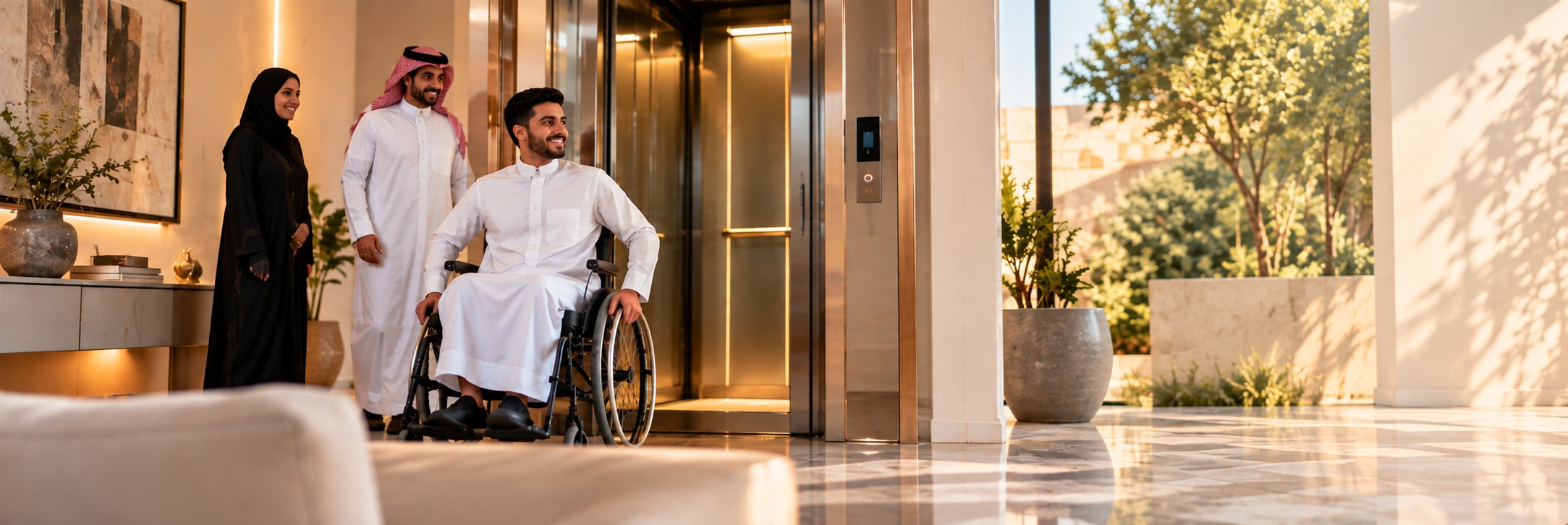 أسرة في منزل سكني بجوار مصعد مع فرد يستخدم كرسيًا متحركًا